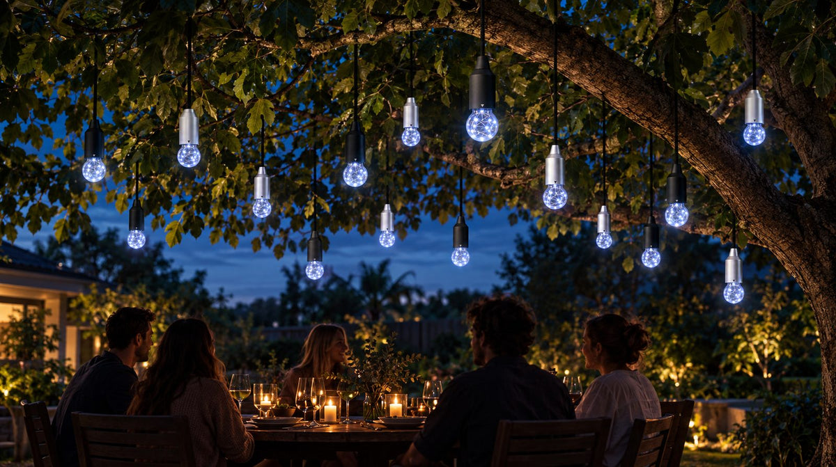 Photo-derived illustration of Hanging Lights over an outdoor dining space